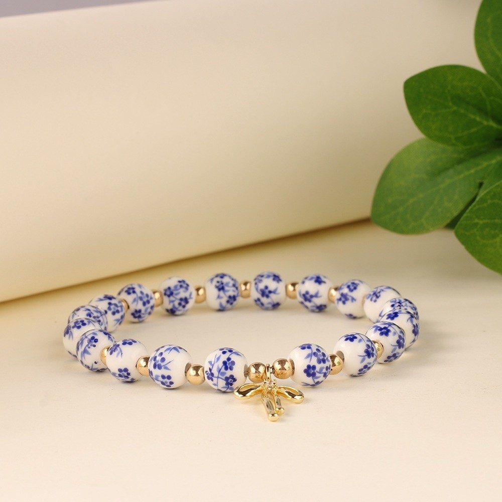 Ceramic Link Bracelet - Chinesischer Stil Blau-Weiß-Porzellan-Armband Elastisches Vintage-Keramik-Armband Hübsches